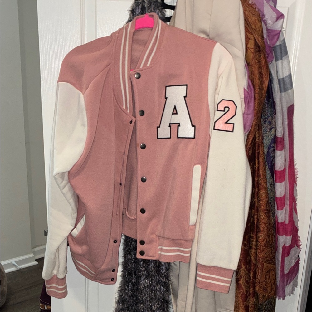 Rainbow New Look Pink and Cream Varsity Jacket with 'A' Patch